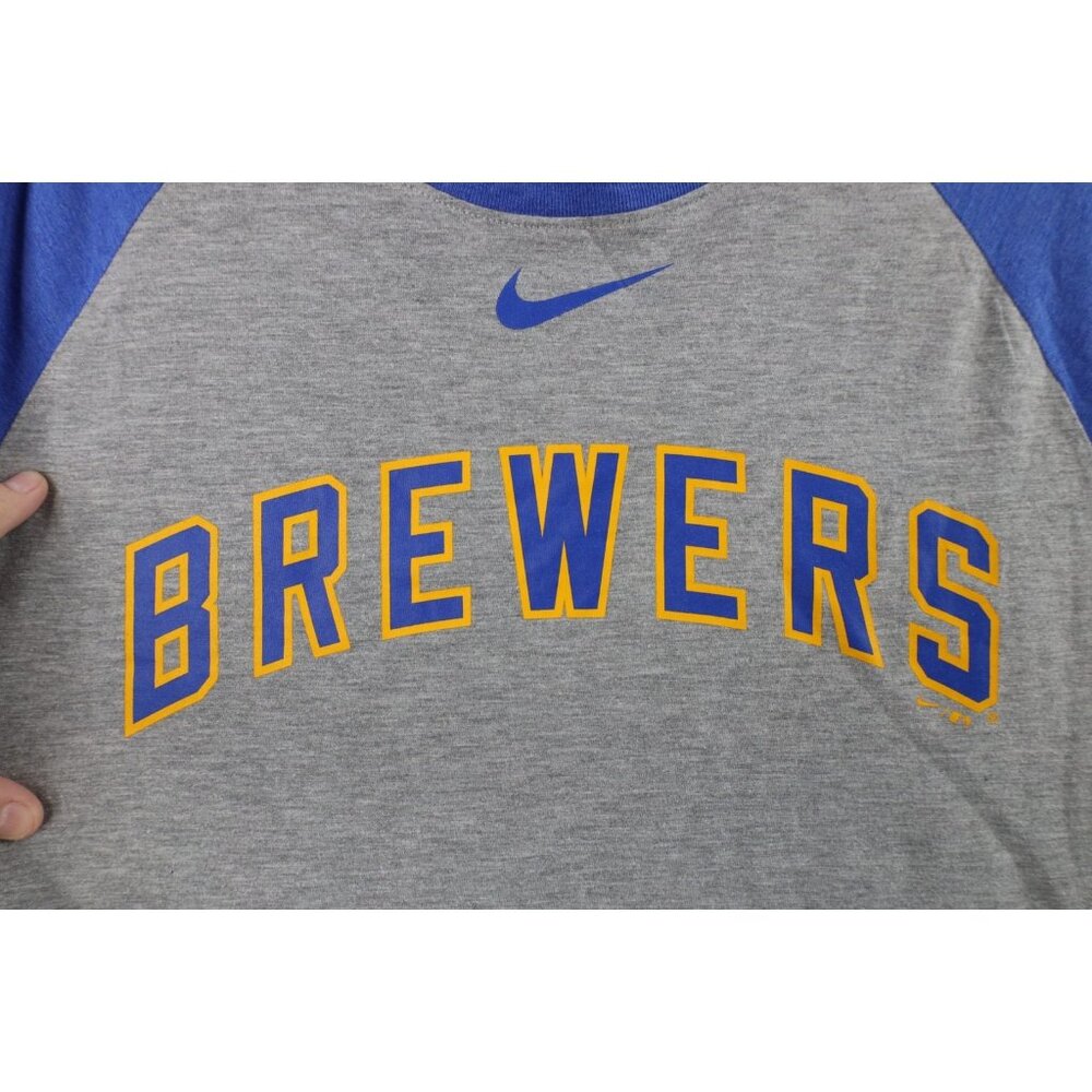 Nike Mens Large Faded Milwaukee Brewers Baseball 3/4 Sleeve Raglan T-Shirt Gray - Picture 5 of 16